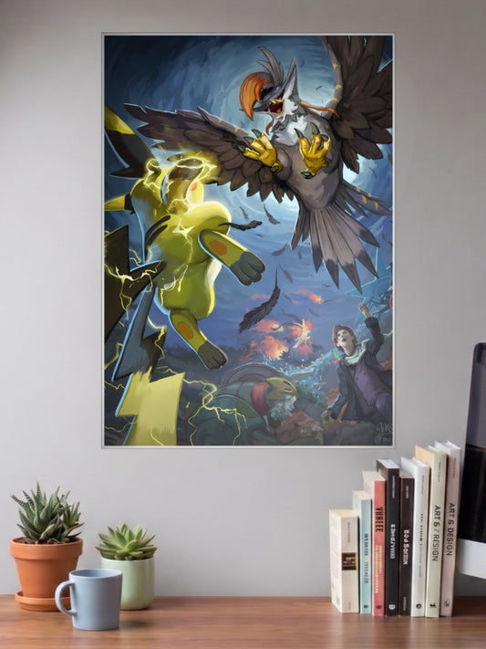 Pikachu Lightning Battle Anime Poster shown in A3 size on a wall above a study desk