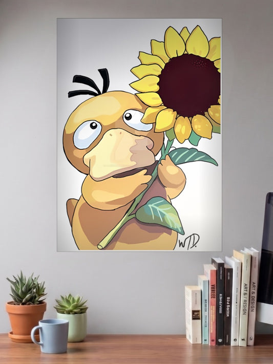 Psyduck Sunflower Anime Poster shown in A3 size on a wall above a study desk