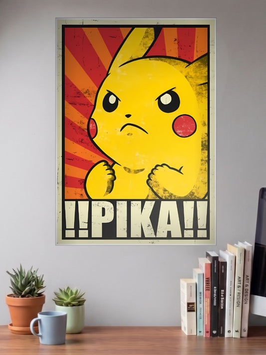 Pikachu Pika Propaganda Anime Poster shown in A3 size on a wall above a study desk