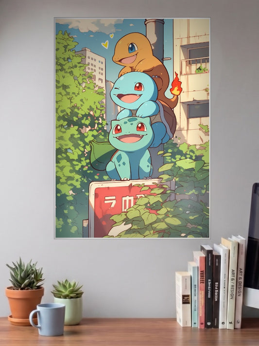 Starter Trio Street Sign Anime Poster shown in A3 size on a wall above a study desk