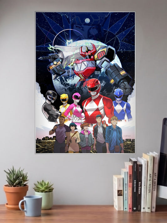 Power Rangers Megazord American Poster shown in A3 size on a wall above a study desk
