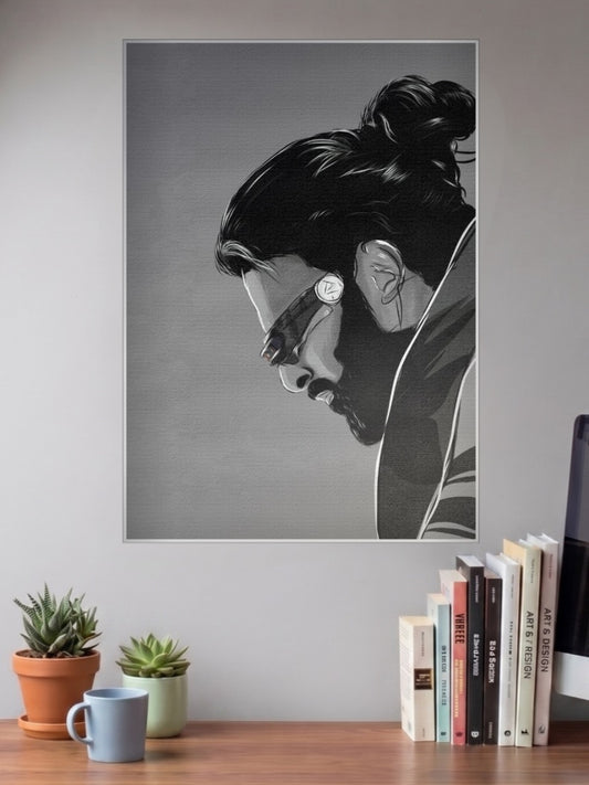 Prabhas Side Portrait Celebs Poster shown in A3 size on a wall above a study desk