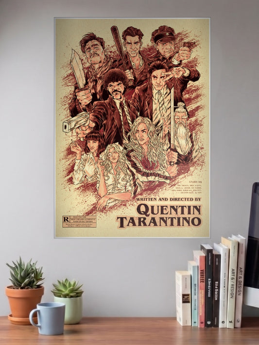 Tarantino Cast Collage Hollywood Movie Poster shown in A3 size on a wall above a study desk
