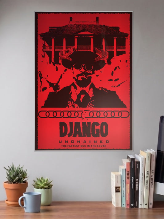 Django Mansion Art Hollywood Movie Poster shown in A3 size on a wall above a study desk