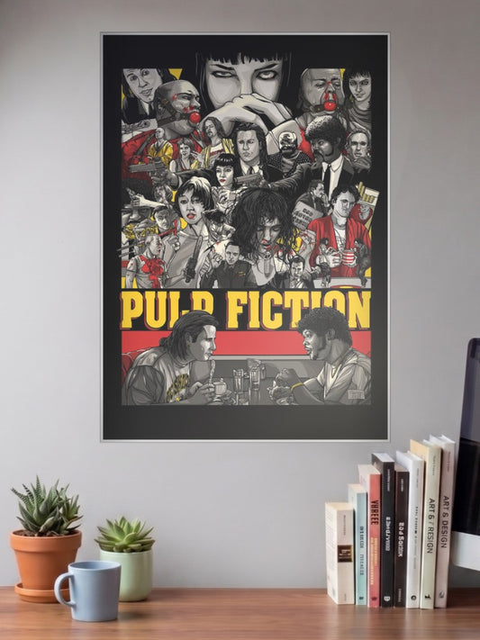Pulp Fiction Cast Collage Hollywood Movie Poster shown in A3 size on a wall above a study desk