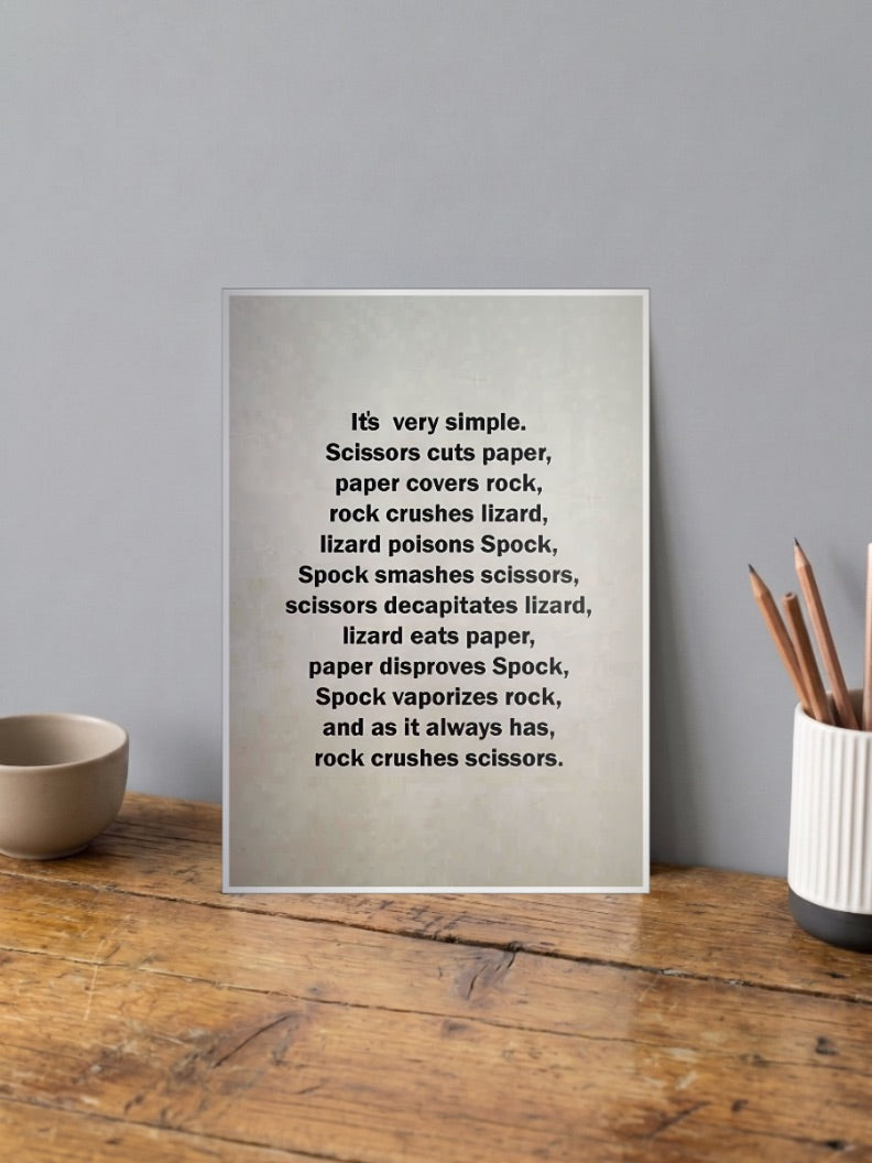Rock Paper Scissors Spock Quote Quotes Poster shown in A4 size on a wooden desk