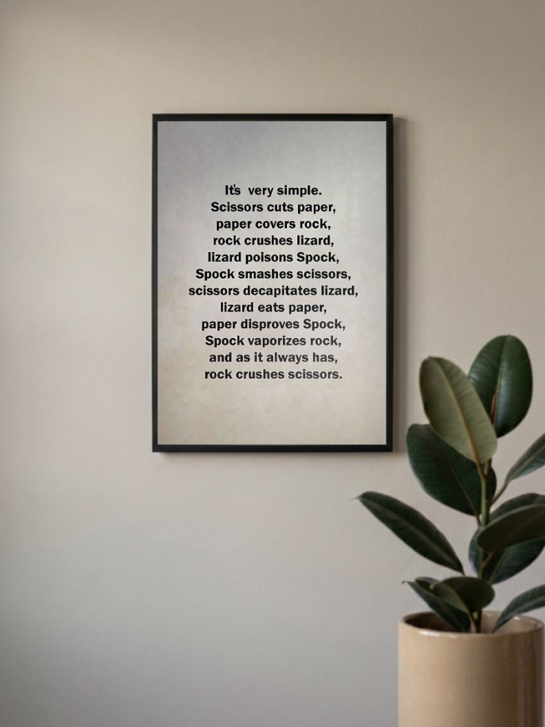 Rock Paper Scissors Spock Quote Quotes Poster in a black frame, mounted on a wall