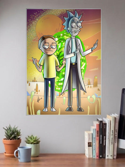 Rick And Morty Portal Cartoon Poster shown in A3 size on a wall above a study desk
