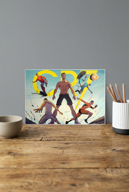 Football Legends Football Poster shown in A4 size on a wooden desk