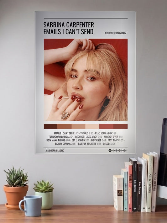 Sabrina Carpenter Album Cover Singers Poster shown in A3 size on a wall above a study desk