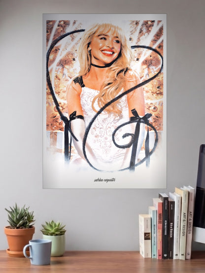 Sabrina Carpenter Glam Portrait Singers Poster shown in A3 size on a wall above a study desk