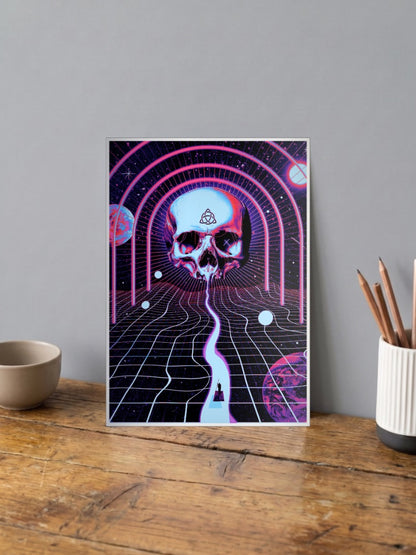 Neon Skull Grid Tunnel Art Abstract Poster