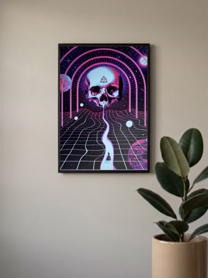 Neon Skull Grid Tunnel Art Abstract Poster