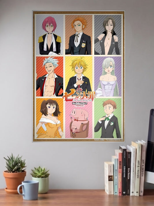 Seven Deadly Sins Cast Grid Anime Poster shown in A3 size on a wall above a study desk