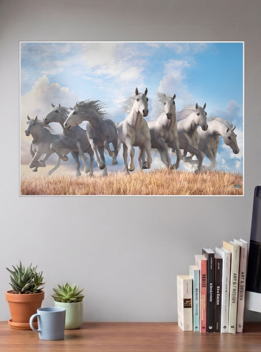Seven Running Horses Abstract Poster shown in A3 size on a wall above a study desk