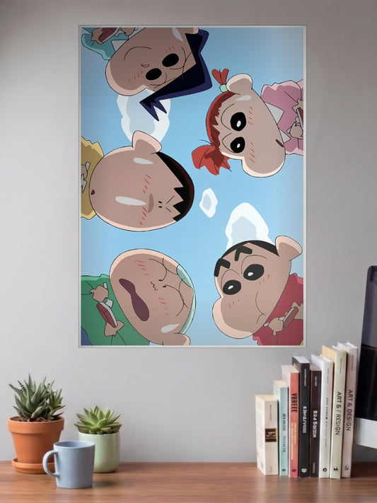 Shin Chan Friends Group Art Anime Poster shown in A3 size on a wall above a study desk