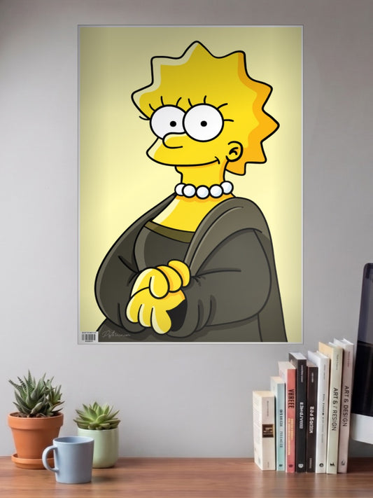 Lisa Simpson Mona Lisa Art Cartoon Poster shown in A3 size on a wall above a study desk