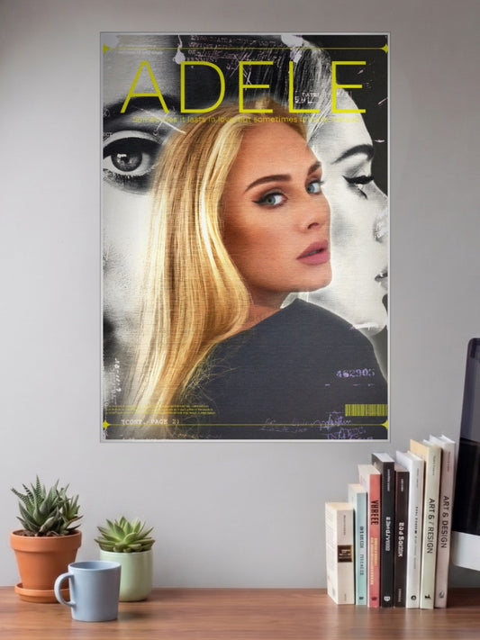 Adele Magazine Collage Poster Singers Poster shown in A3 size on a wall above a study desk