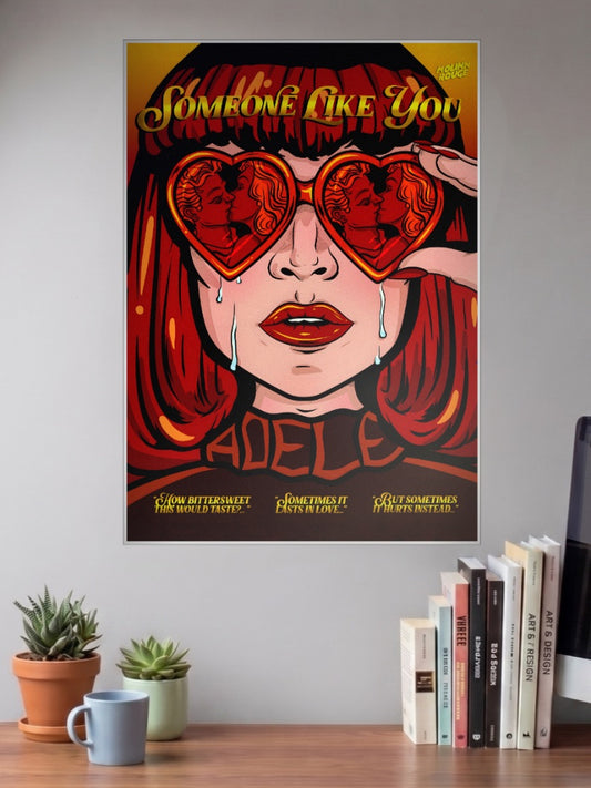 Adele Someone Like You Art Singers Poster shown in A3 size on a wall above a study desk