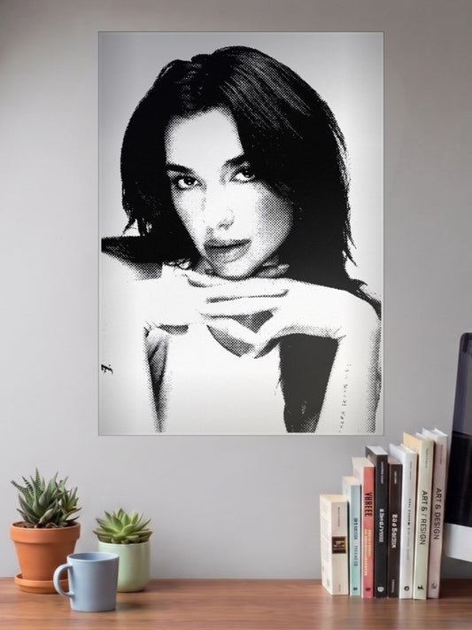 Halftone Singer Portrait Singers Poster shown in A3 size on a wall above a study desk