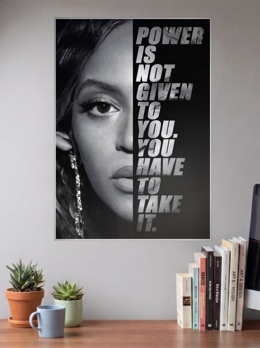 Beyonce Power Quote Poster Singers Poster shown in A3 size on a wall above a study desk