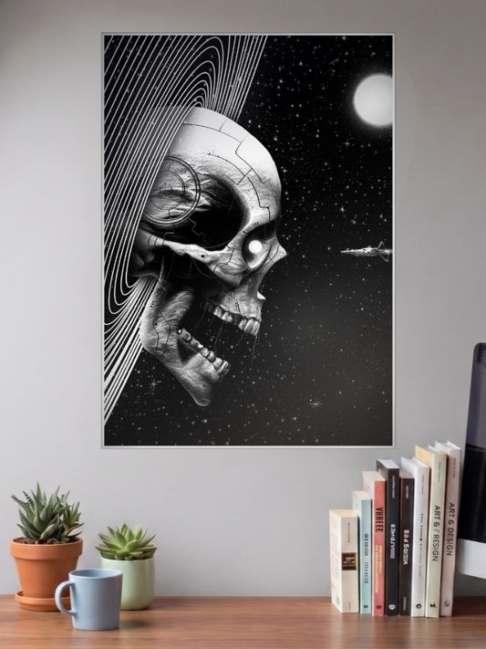 Cosmic Skull Blueprint Art Abstract Poster shown in A3 size on a wall above a study desk