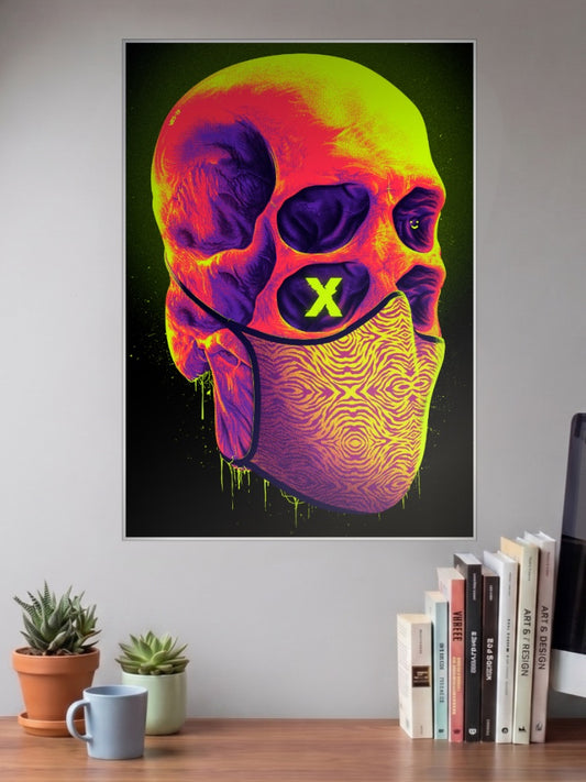 Neon Bandana Skull Art Abstract Poster shown in A3 size on a wall above a study desk
