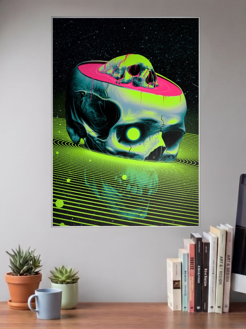 Neon Grid Skull Art Abstract Poster