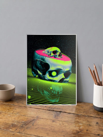 Neon Grid Skull Art Abstract Poster