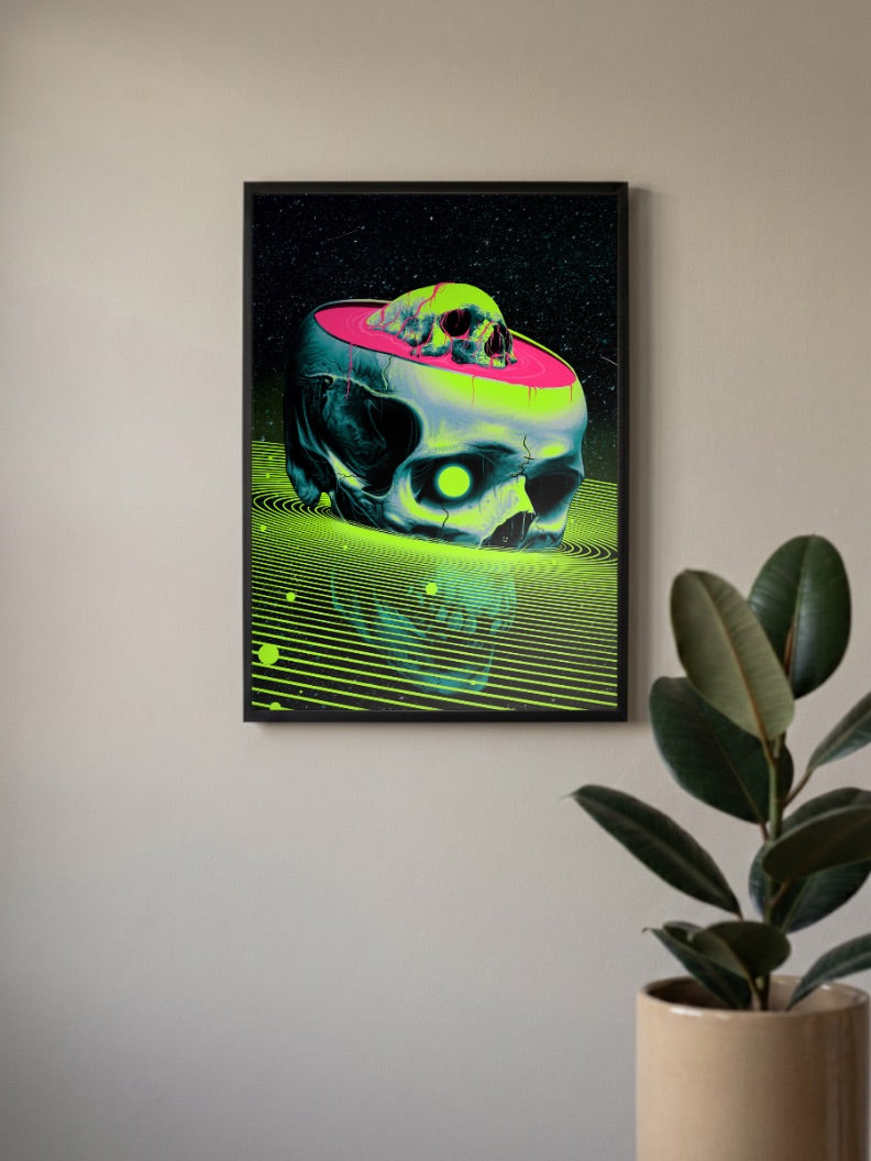 Neon Grid Skull Art Abstract Poster
