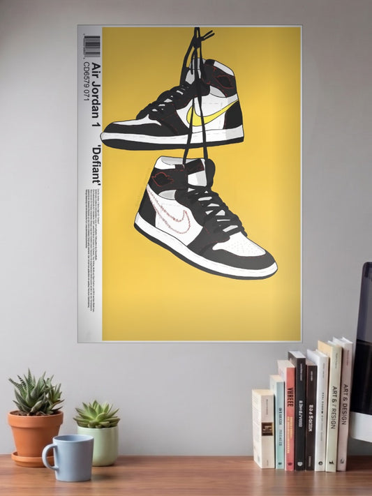 Jordan 1 Defiant Sneaker Art Sneaker Poster shown in A3 size on a wall above a study desk