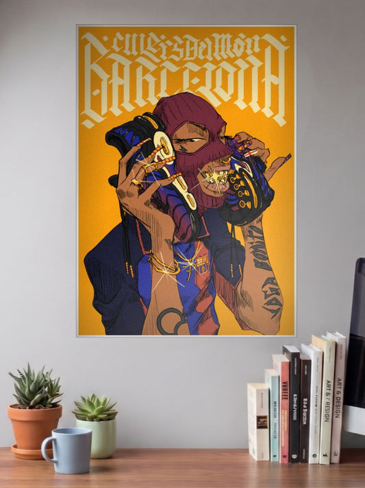 Barcelona Sneaker Culture Art Sneaker Poster shown in A3 size on a wall above a study desk