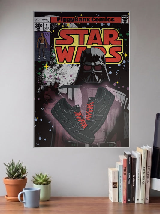 Darth Vader Sneaker Comic Art Sneaker Poster shown in A3 size on a wall above a study desk