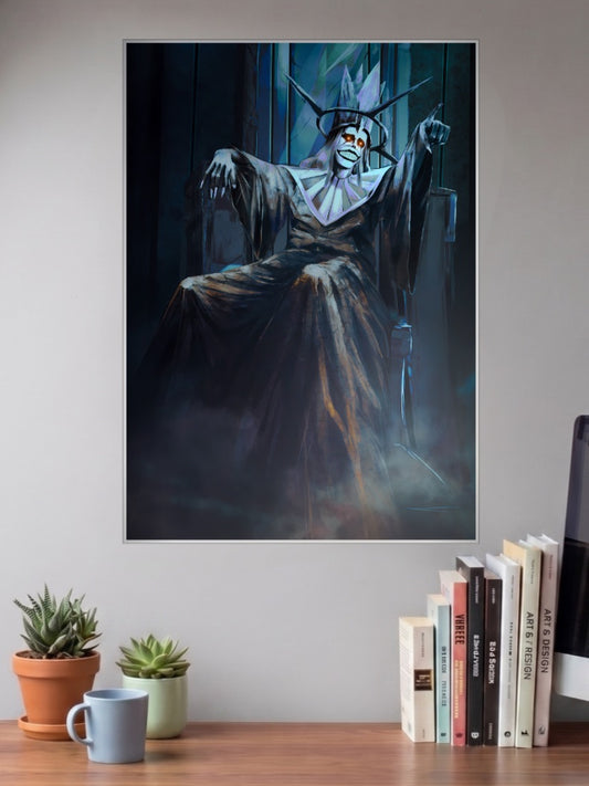 Solo Leveling Throne Villain Anime Poster shown in A3 size on a wall above a study desk
