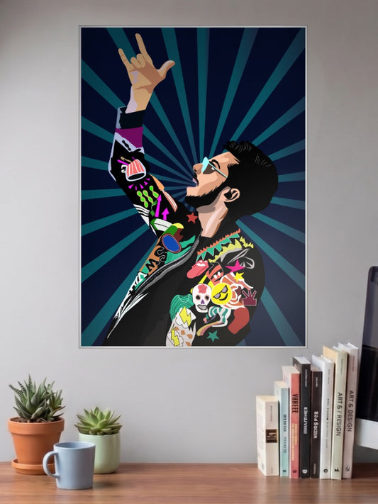 Rockstar Musician Portrait Art Singers Poster shown in A3 size on a wall above a study desk