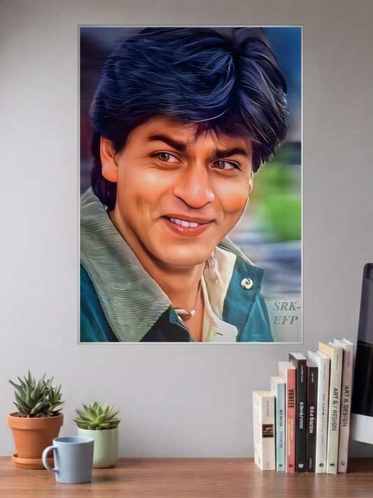 Shah Rukh Khan Young Portrait Celebs Poster shown in A3 size on a wall above a study desk