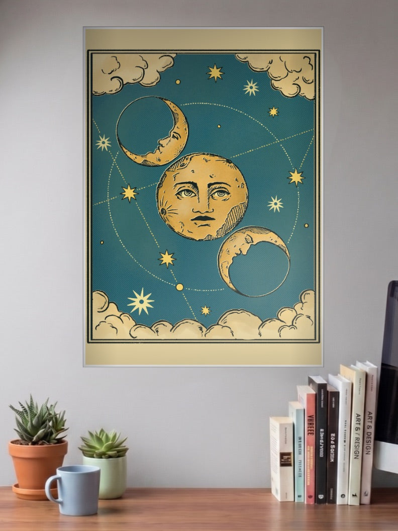 Celestial Moon Faces Art Abstract Poster shown in A3 size on a wall above a study desk