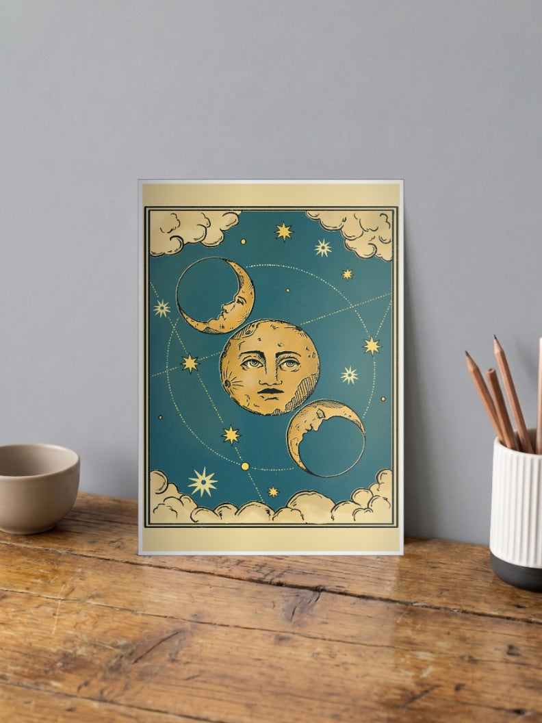 Celestial Moon Faces Art Abstract Poster shown in A4 size on a wooden desk