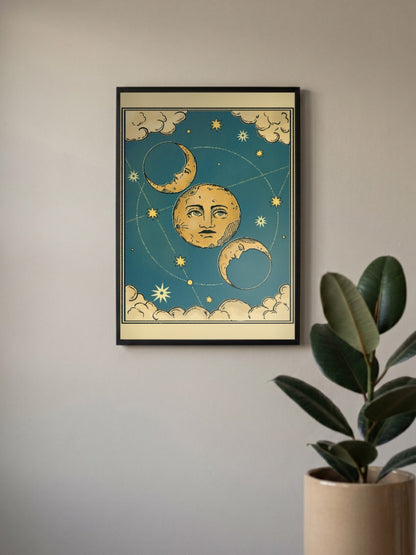Celestial Moon Faces Art Abstract Poster in a black frame, mounted on a wall