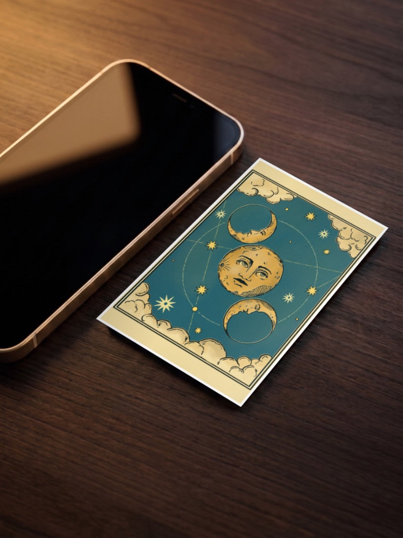 Celestial Moon Faces Art Abstract Poster as a pocket poster, sized to fit behind a phone case