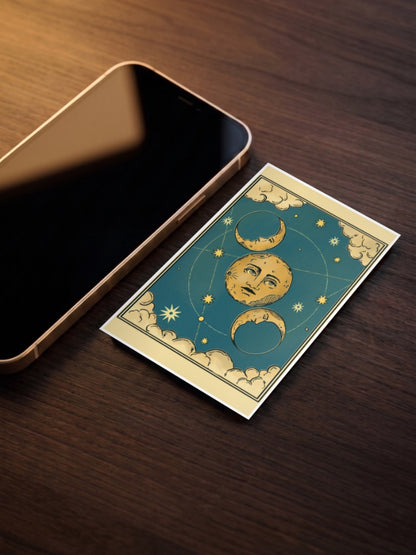 Celestial Moon Faces Art Abstract Poster as a pocket poster, sized to fit behind a phone case