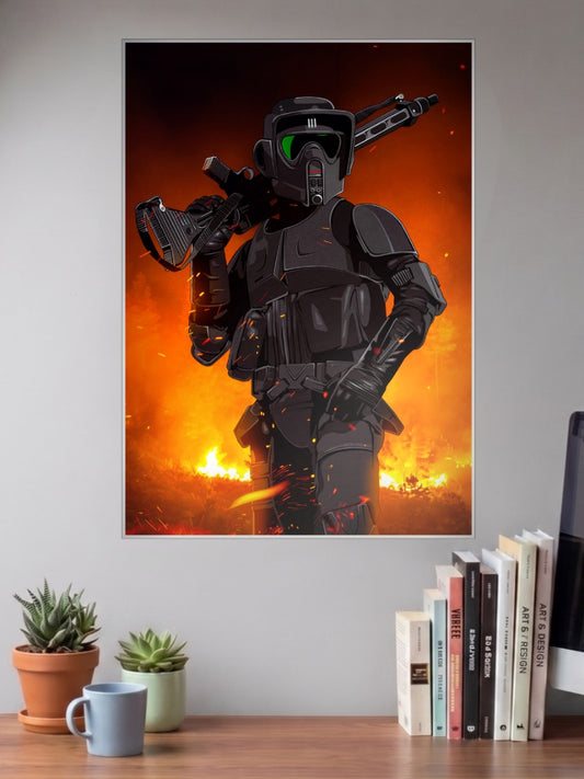 Shadow Trooper Fire Scene Star Wars Poster shown in A3 size on a wall above a study desk