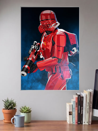 Sith Trooper Red Armor Art Star Wars Poster shown in A3 size on a wall above a study desk