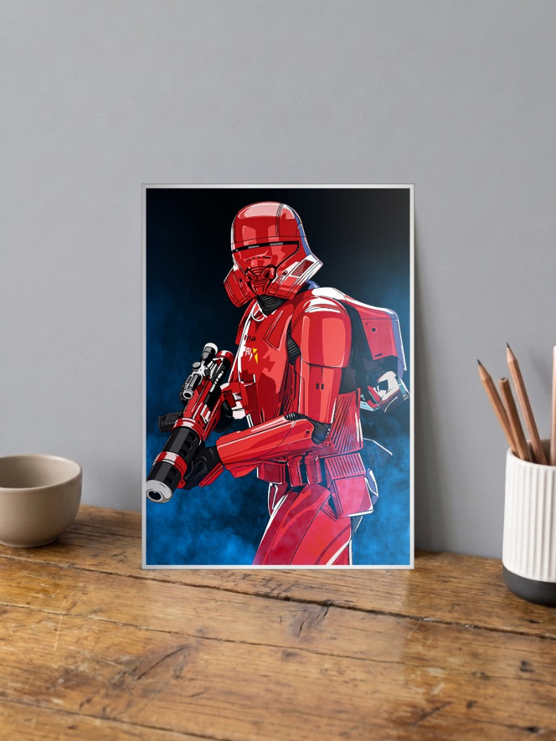 Sith Trooper Red Armor Art Star Wars Poster shown in A4 size on a wooden desk
