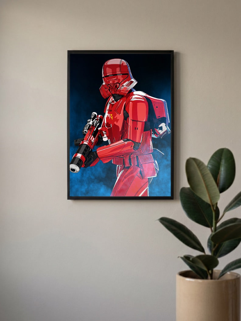 Sith Trooper Red Armor Art Star Wars Poster in a black frame, mounted on a wall