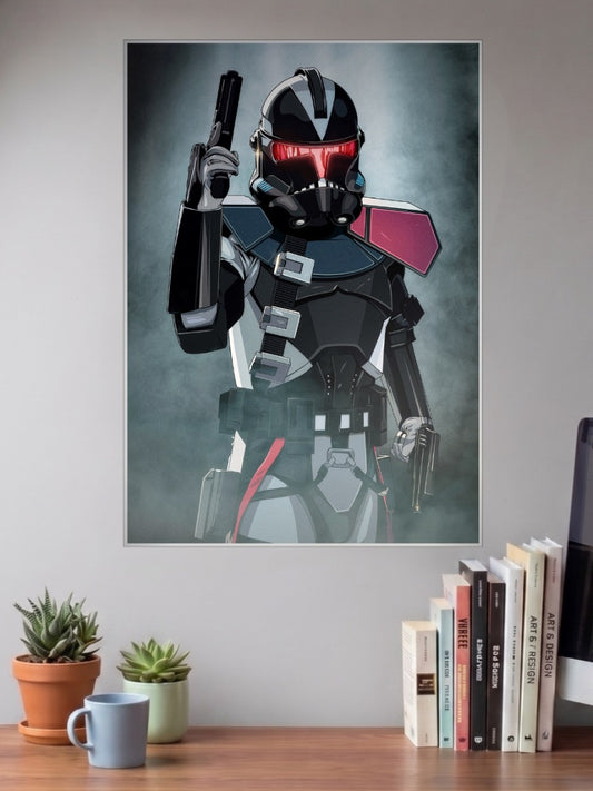 Dark Clone Trooper Art Star Wars Poster shown in A3 size on a wall above a study desk