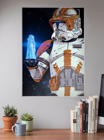 Clone Trooper Hologram Art Star Wars Poster shown in A3 size on a wall above a study desk