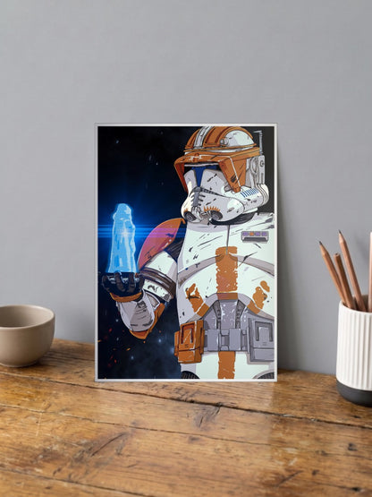 Clone Trooper Hologram Art Star Wars Poster shown in A4 size on a wooden desk