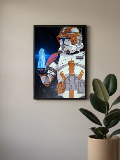Clone Trooper Hologram Art Star Wars Poster in a black frame, mounted on a wall