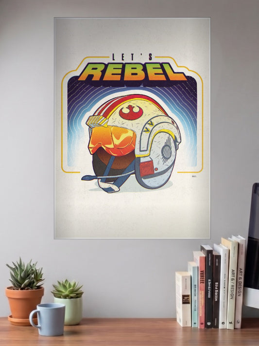 Lets Rebel Pilot Helmet Art Star Wars Poster shown in A3 size on a wall above a study desk